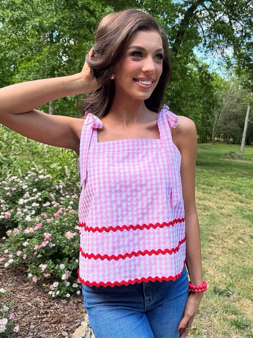 TCEC Pink Gingham Tie-Shoulder Tank with Red Trim